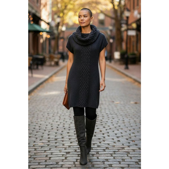 Classique's Entier 100% Soft Merino Wool Woven Chevron Panel Knit Sweater Dress - Picture 2 of 9